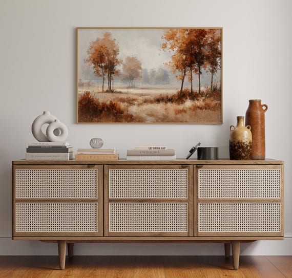 Autumn Landscape Canvas Wall Art Golden Fall Trees And Rustic Fields In Misty Morning Seasonal Nature Painting For Cozy Home Dcor