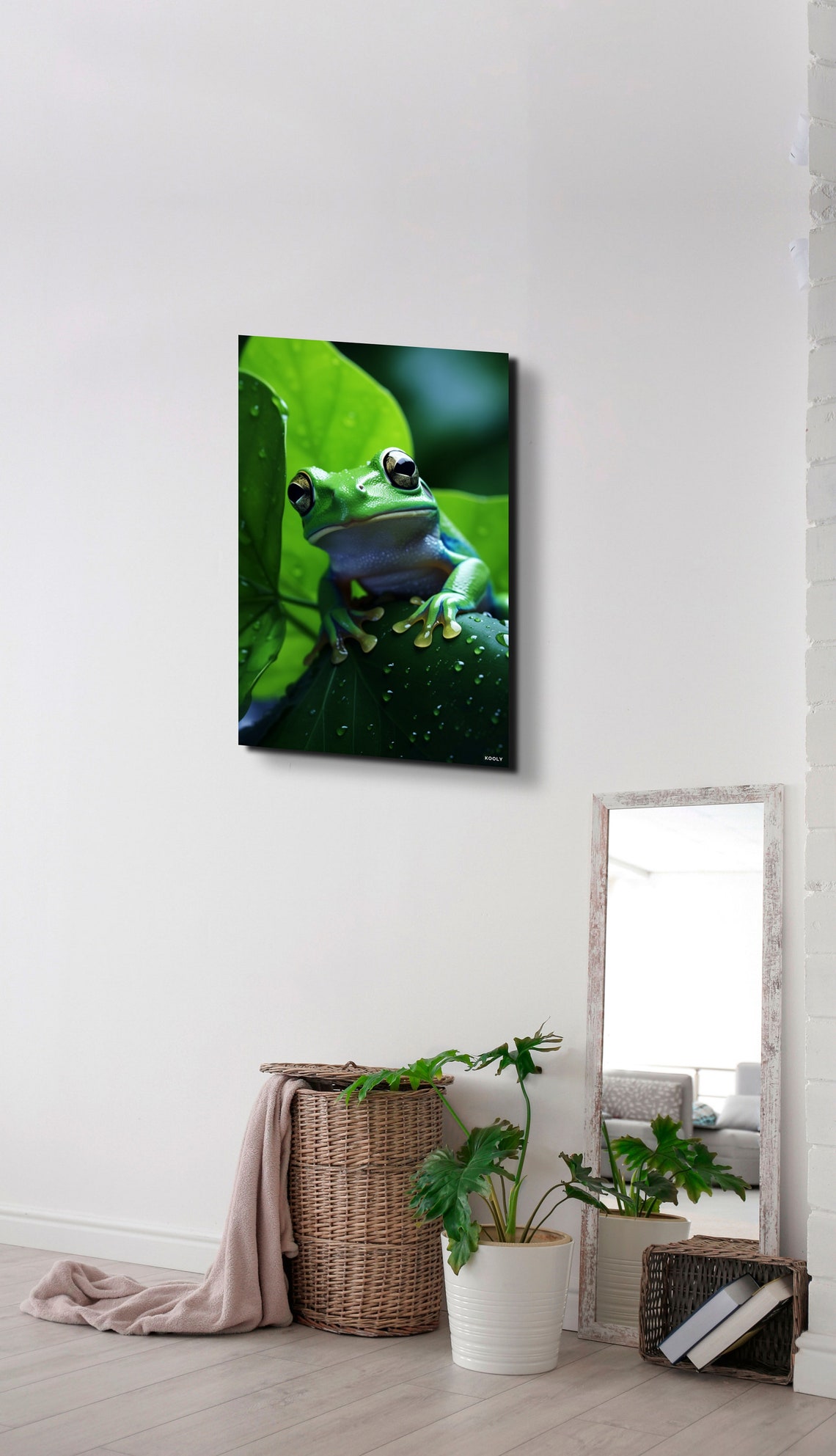 Bright Green Tree Frog Resting On A Dewy Leaf Macro Photo Poster - Image 4
