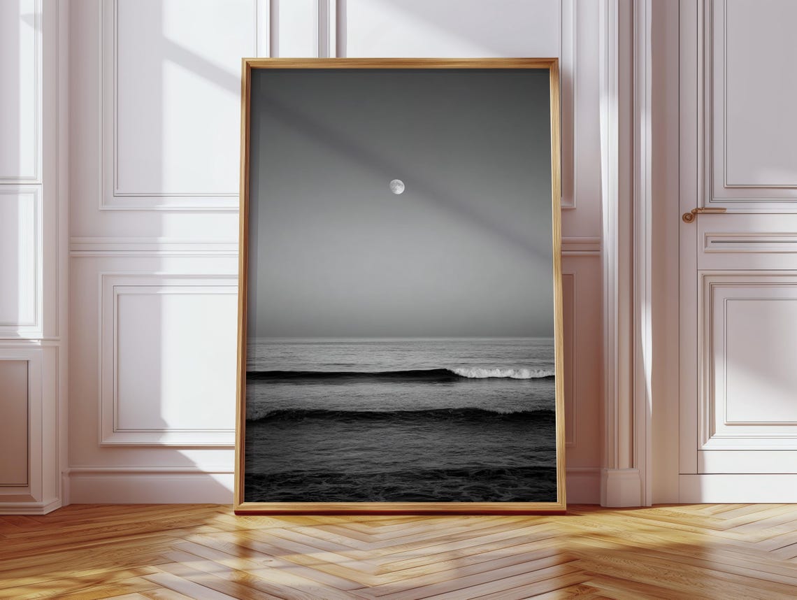 Black And White Ocean Moon Photography Minimalist Seascape Poster