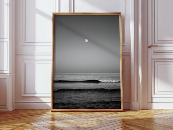Black And White Ocean Moon Print Minimalist Seascape Wall Art With Full Waves Coastal Photography For Modern Home Decor