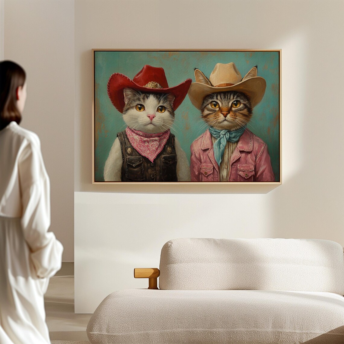Cowboy Cat Duo In Western Hats Vintage Feline Painting Wall Art - Image 4