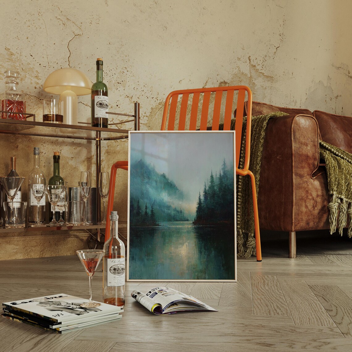 Misty Mountain Lake With Pine Forest Reflection Moody Teal Landscape Poster