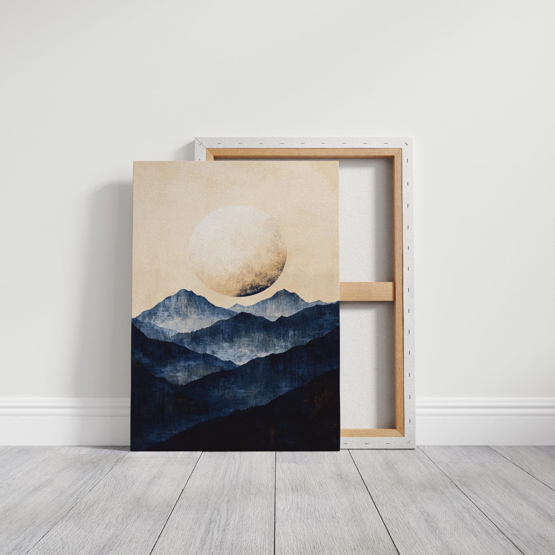 Minimalist Blue Mountain Wall Art Full Moon Landscape Serene Nature Print For Modern Home Decor - Image 2