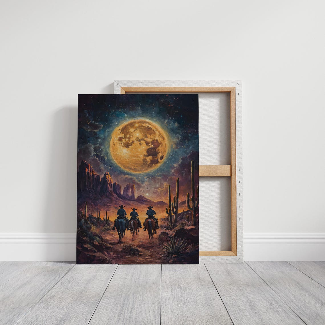 Three Cowboys Riding Toward A Giant Moon Over Desert Mesas Poster - Image 3