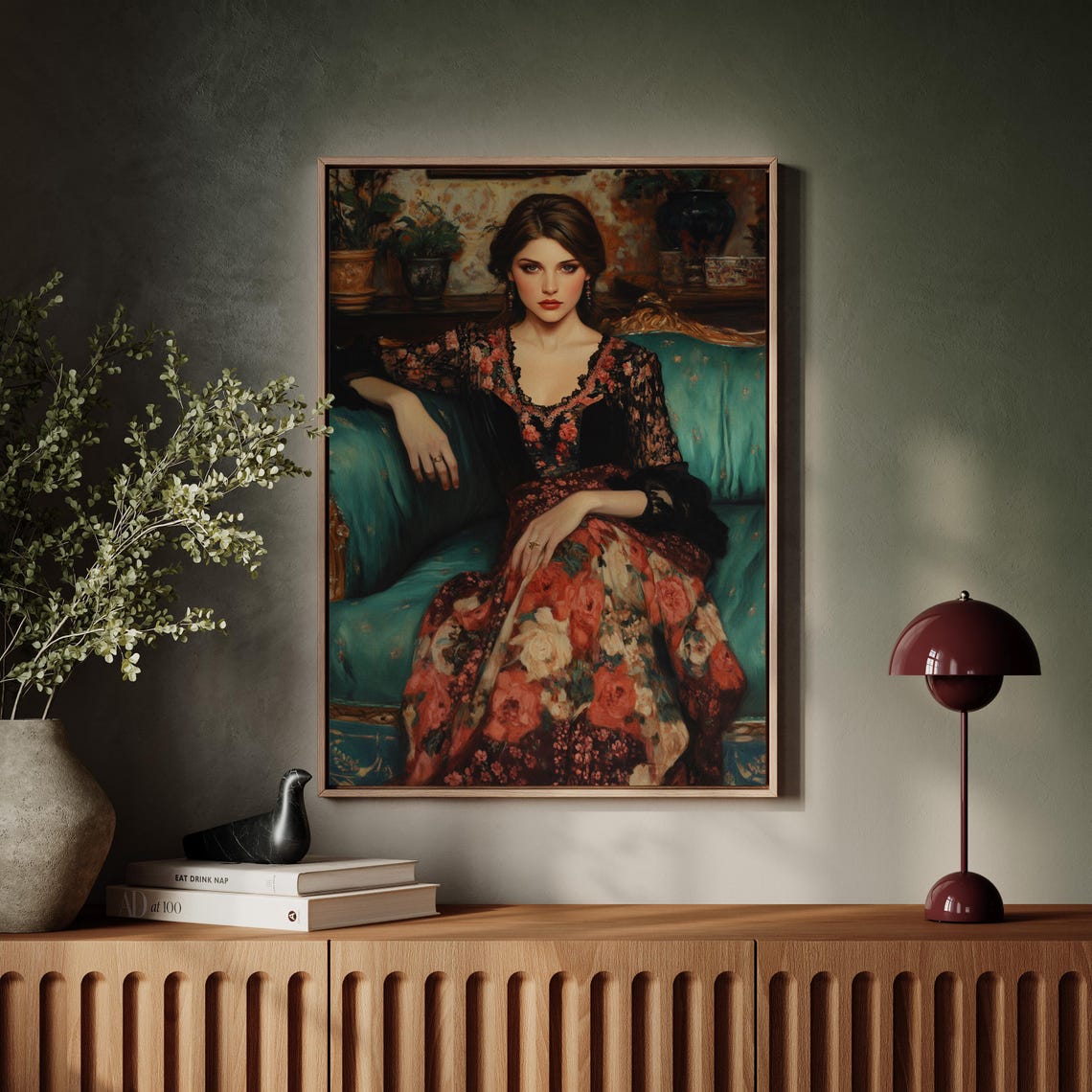Elegant Victorian Portrait Vintage Oil Painting Of Woman In Floral Gown On Turquoise Sofa Romantic Antique Inspired Wall Art - Image 7