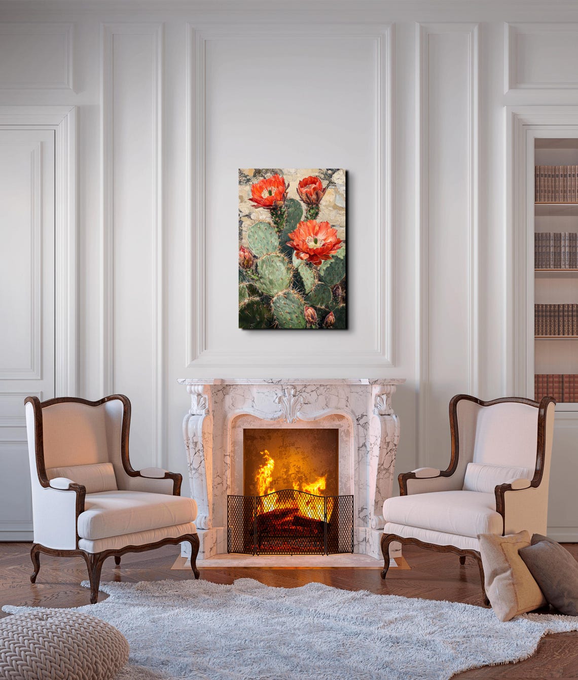 Prickly Pear Cactus Red Orange Blooms Stone Wall Desert Art Poster - Image 6
