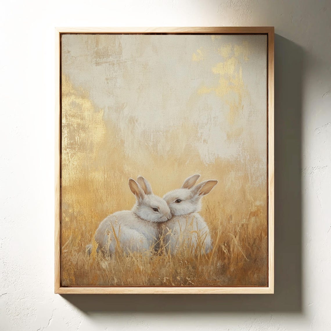 Two White Rabbits Nuzzling Together in Golden Wheat Field Glow Poster - Image 5