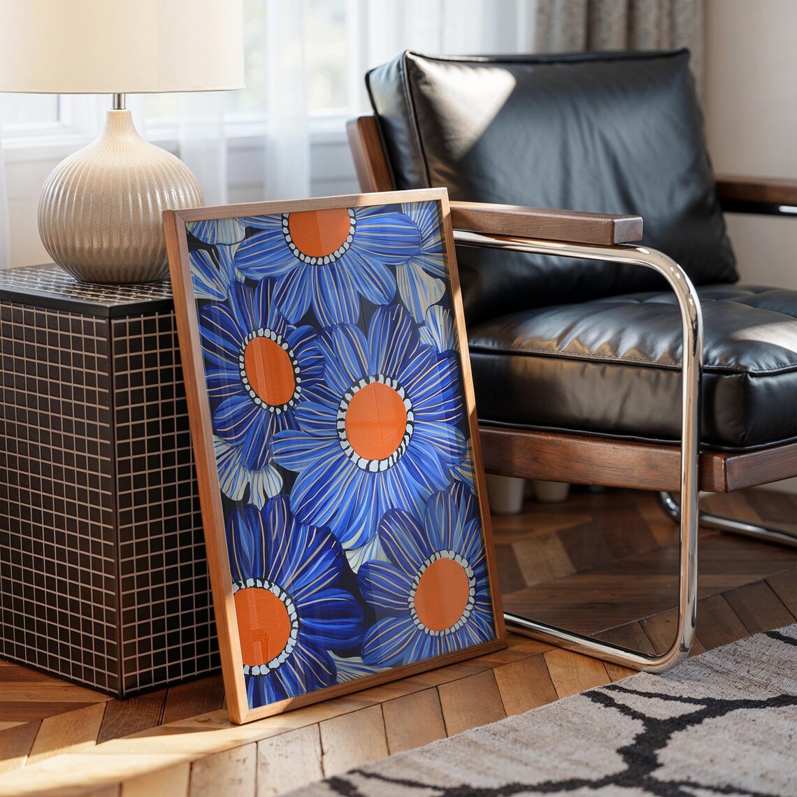 Bold Blue Flowers with Orange Centers Retro Mid Century Floral Art Poster
