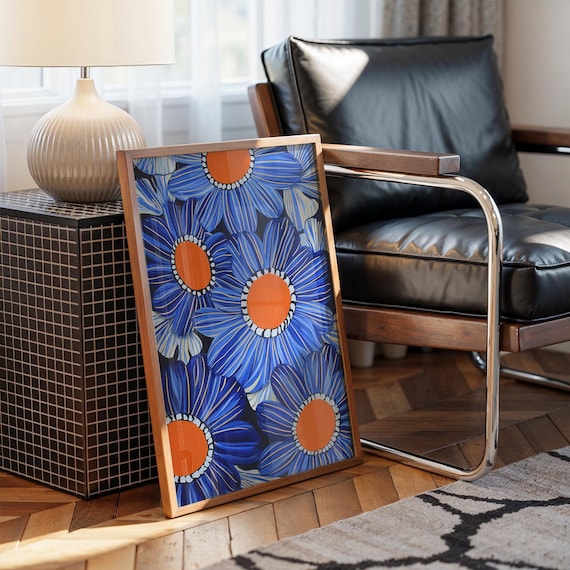 Bold Blue Flowers with Orange Centers Retro Mid Century Floral Art Poster