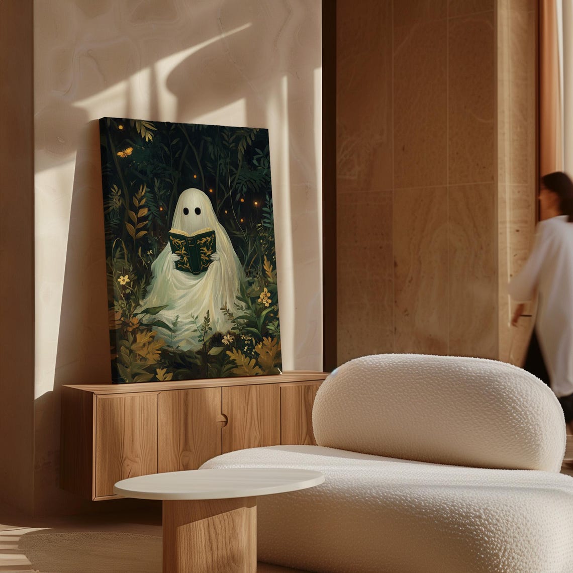 Whimsical Ghost Reading Ornate Book In Dark Forest Florals Wall Art - Image 4