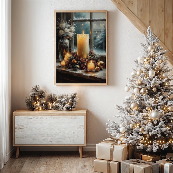 Golden Christmas Candle Poster Frosted Window Holiday Glow Decor