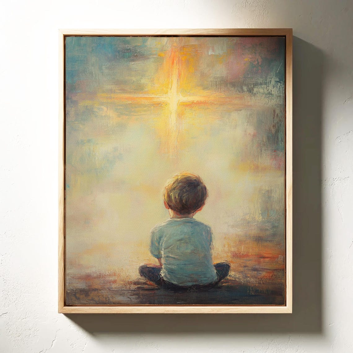 Child Gazing at a Radiant Cross Shining in a Golden Sky Poster - Image 3