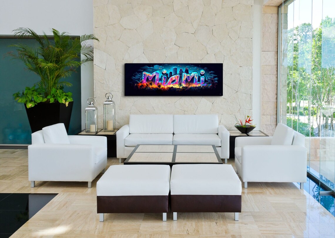 Miami Neon Lettering Night Skyline Panoramic City Glow Poster - Image 7