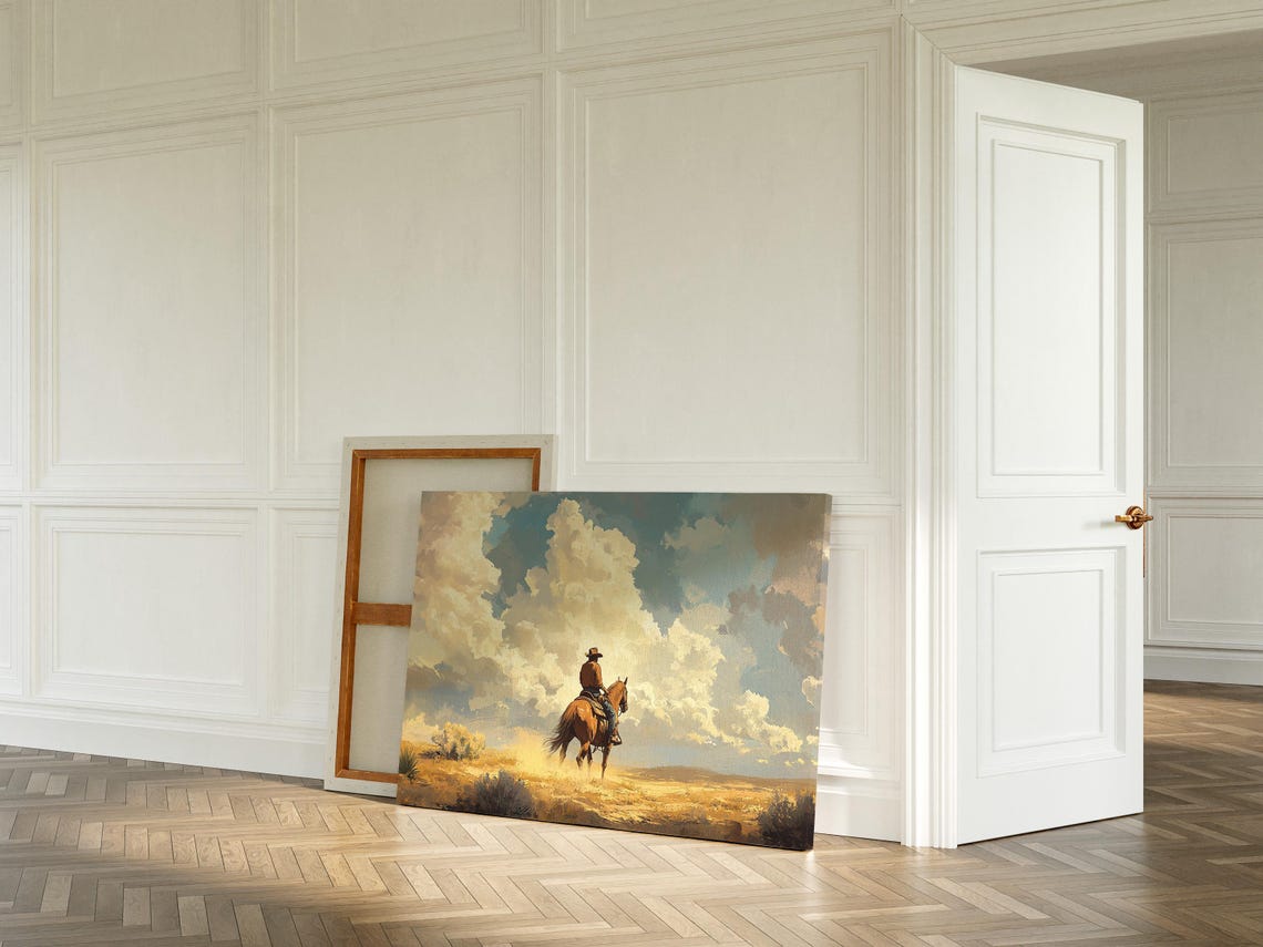 Cowboy Riding Into Golden Prairie Cumulus Clouds Western Poster - Image 4