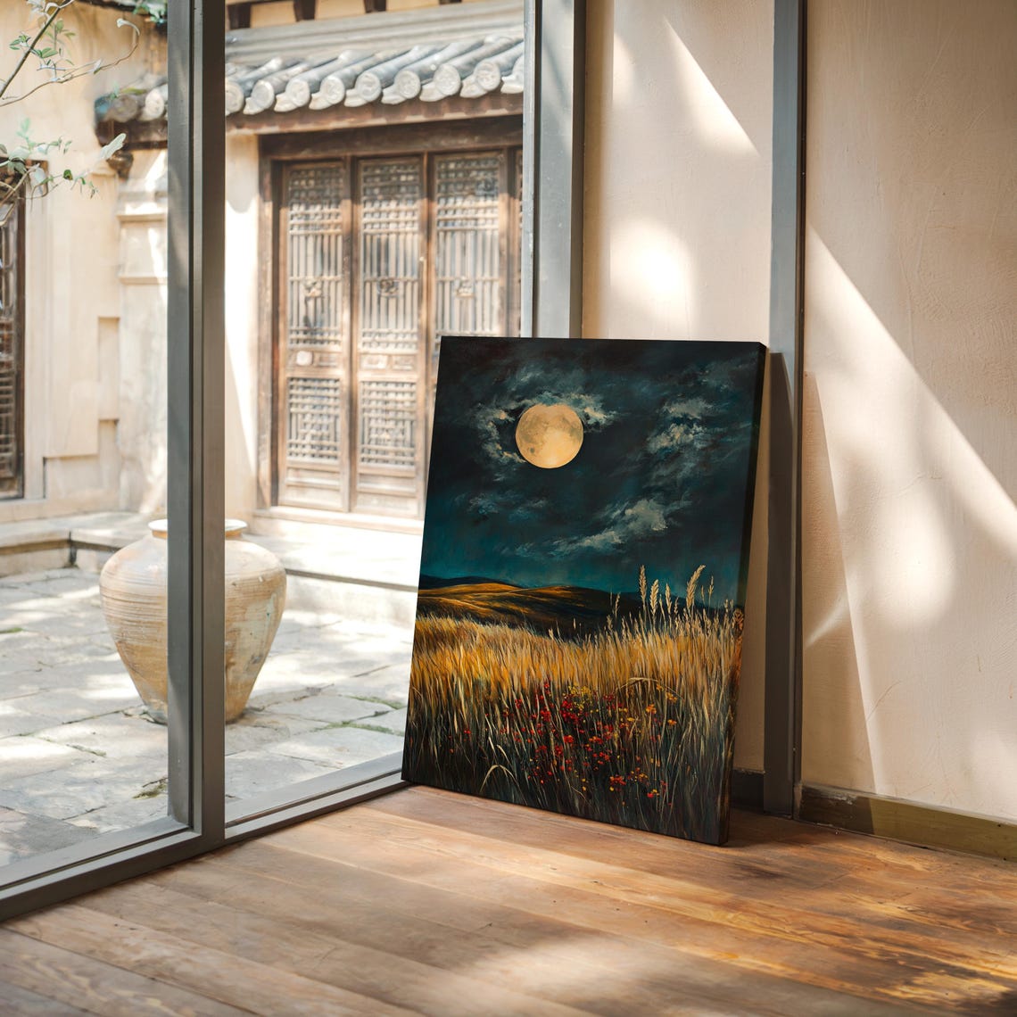 Golden Wheatfield Wildflowers Full Moon Cloudy Night Sky Poster - Image 4
