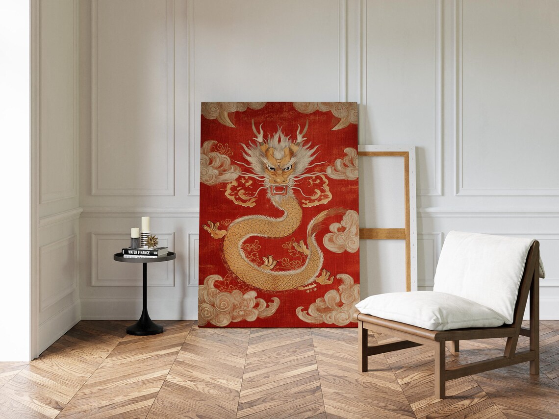 Golden Chinese Dragon On Red Silk With Traditional Cloud Motifs Wall Art - Image 3