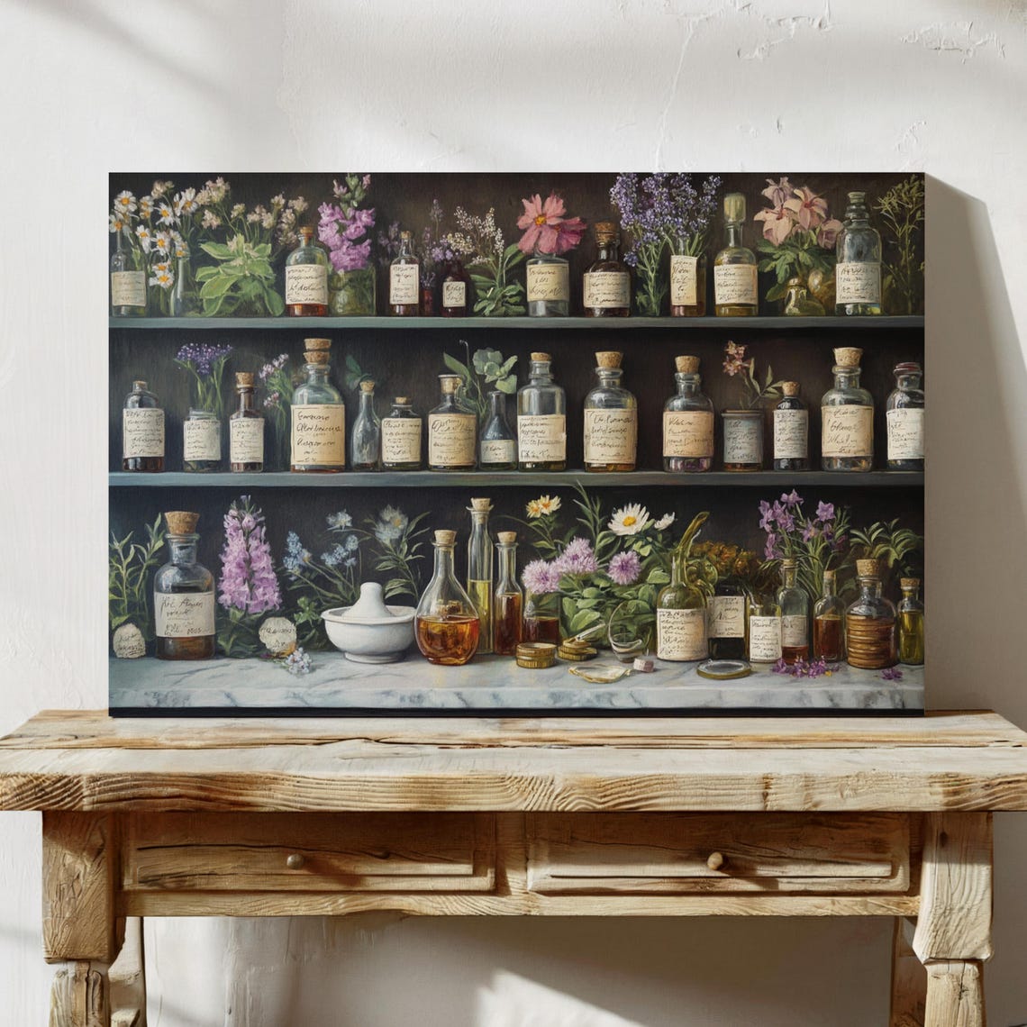 Vintage Apothecary Shelves Herbal Bottles Dark Botanical Art Poster - Image 4