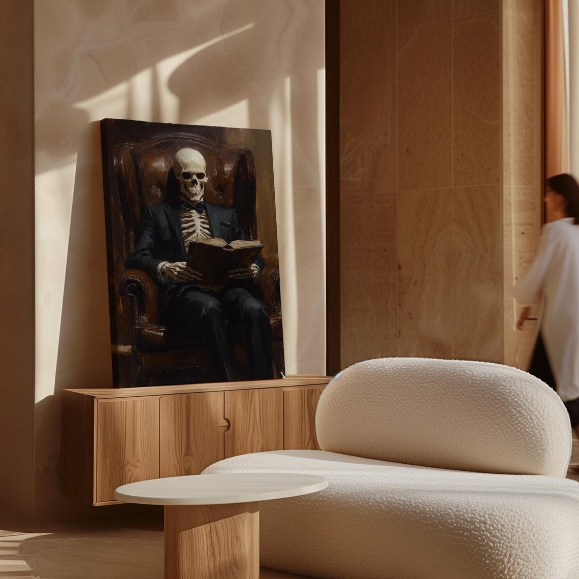 Gothic Skeleton in a Dark Suit Reading in a Vintage Chair Poster