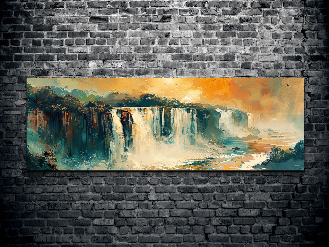 Waterfall Painting with Golden Orange Sunset Sky Panorama Wall Art - Image 2