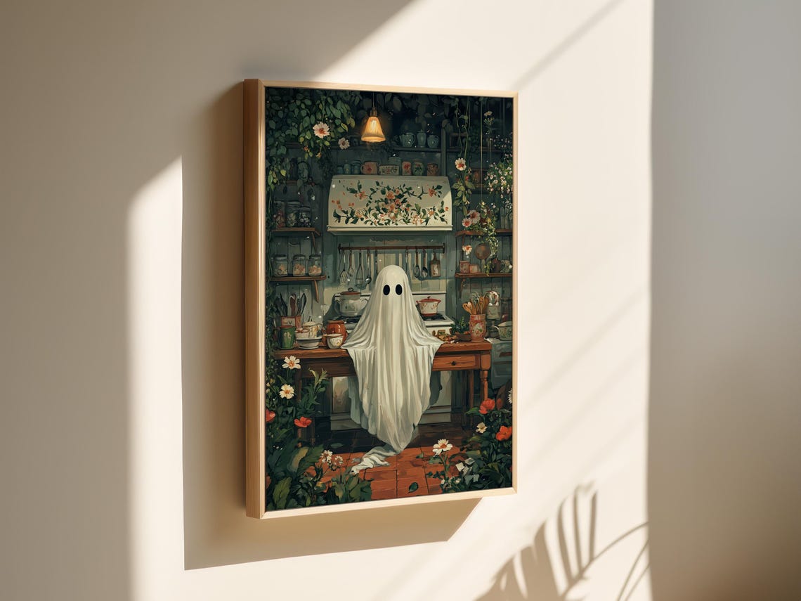 Cute Ghost In Cozy Vintage Kitchen Floral Cottagecore Wall Art - Image 2