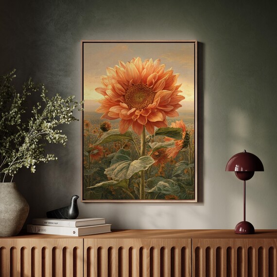 Vibrant Orange Sunflower Close Up Vintage Oil Painting Poster