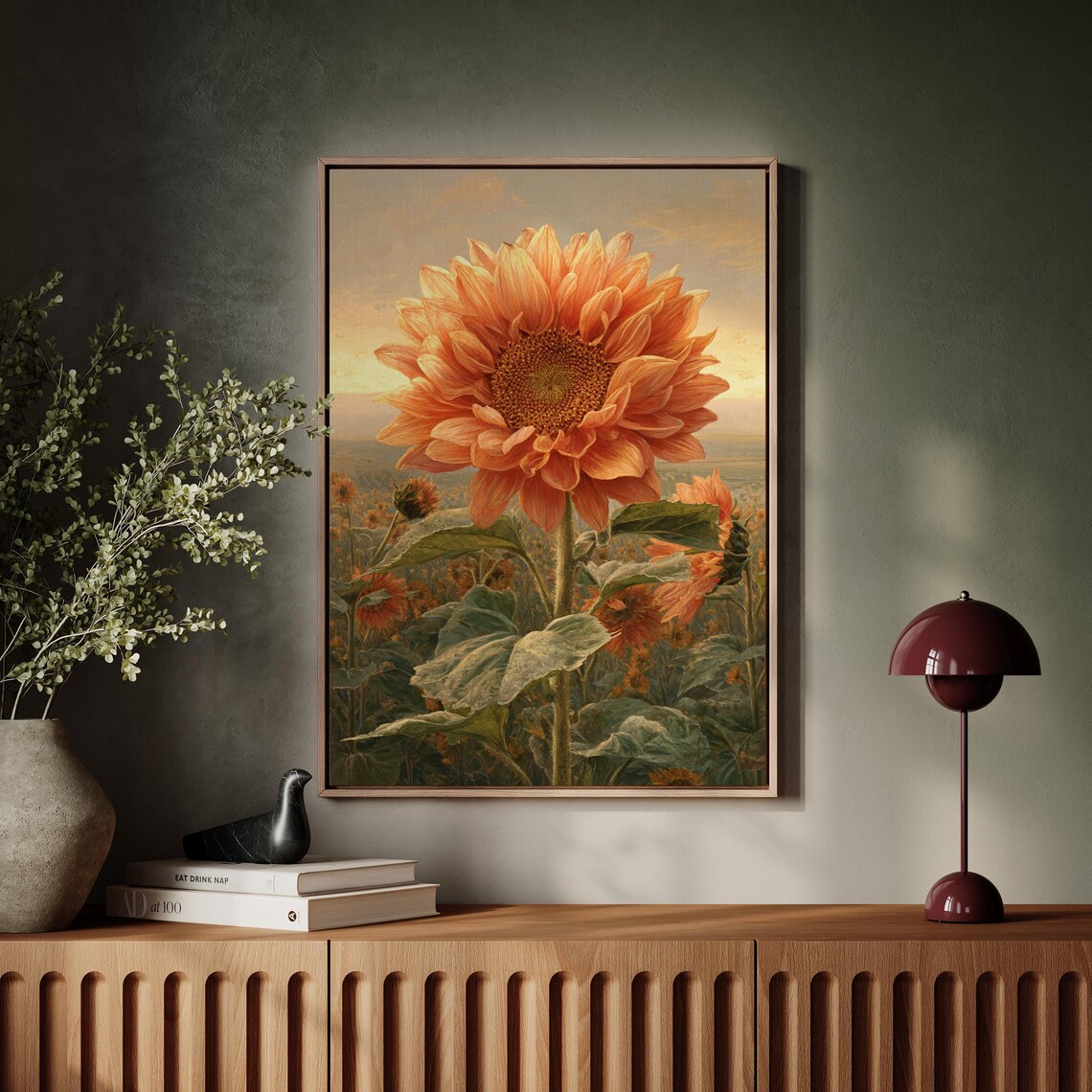 Vibrant Orange Sunflower Close Up Vintage Oil Painting Poster