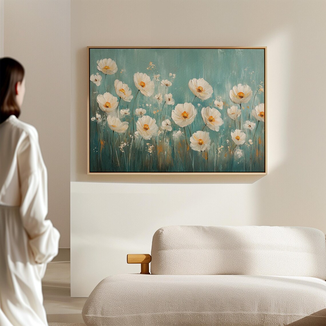 White Poppies Art Print, Turquoise Background - Image 5