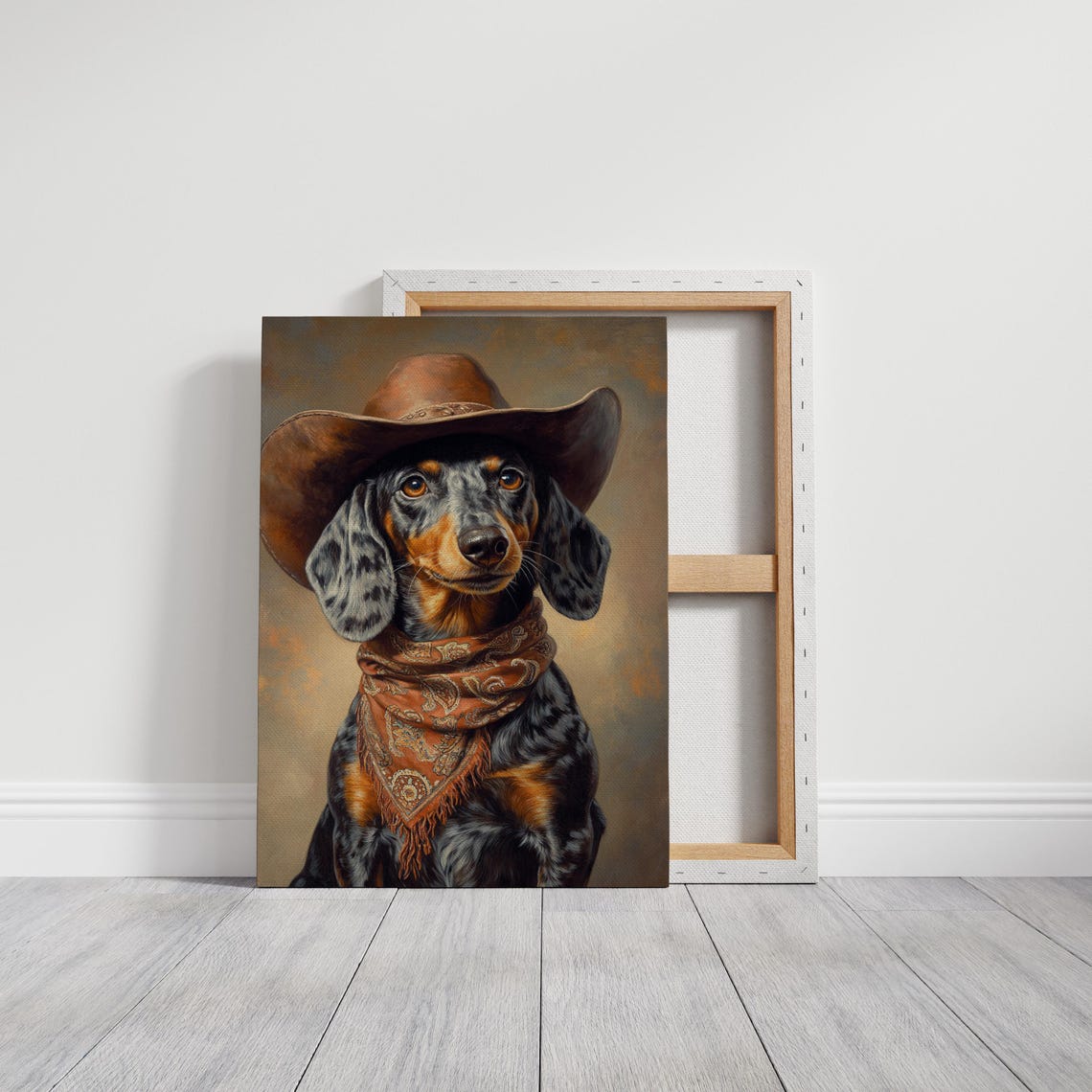 Dapple Dachshund Cowboy Hat Rustic Western Dog Portrait Poster - Image 3