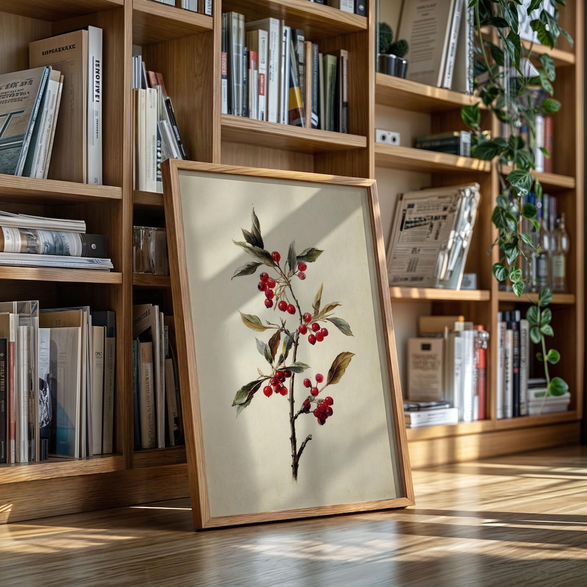 Vintage Botanical Red Berry Branch Illustration Nature Art Poster