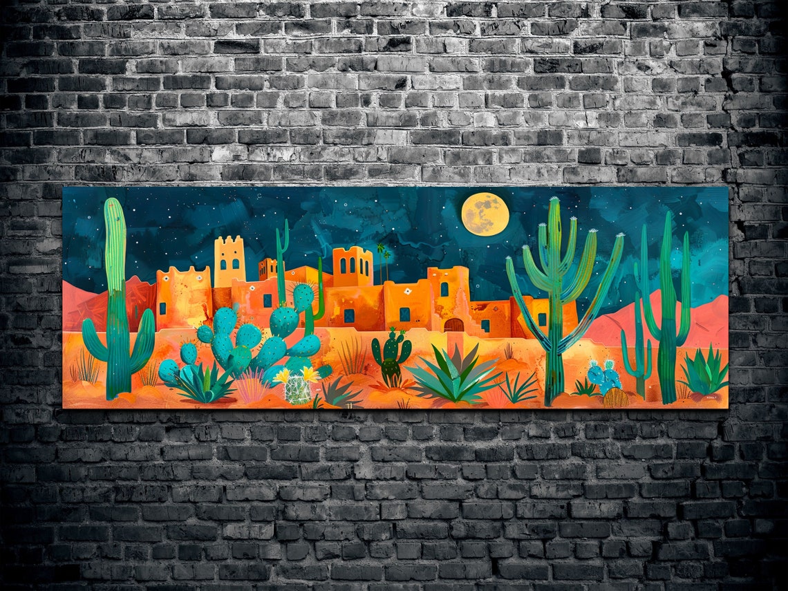 Moonlit Adobe Desert Town Full Moon Saguaro Cactus Night Poster - Image 2