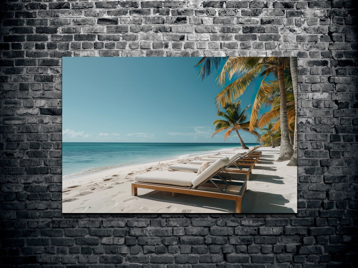 Tropical Beach Palm Trees Lounge Chairs Sunny Shore Wall Art - Image 2