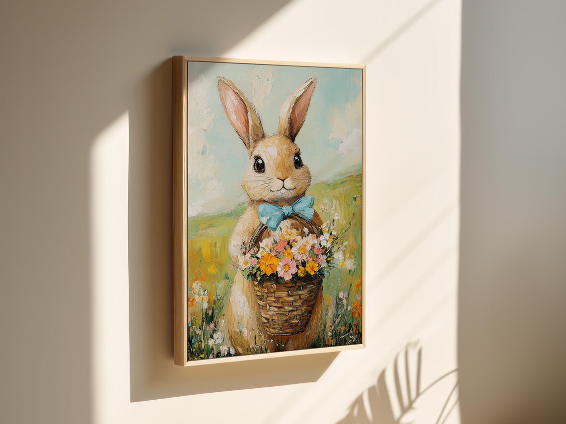 Cute Bunny in Blue Bow Tie Holding Basket of Wildflowers Poster - Image 5