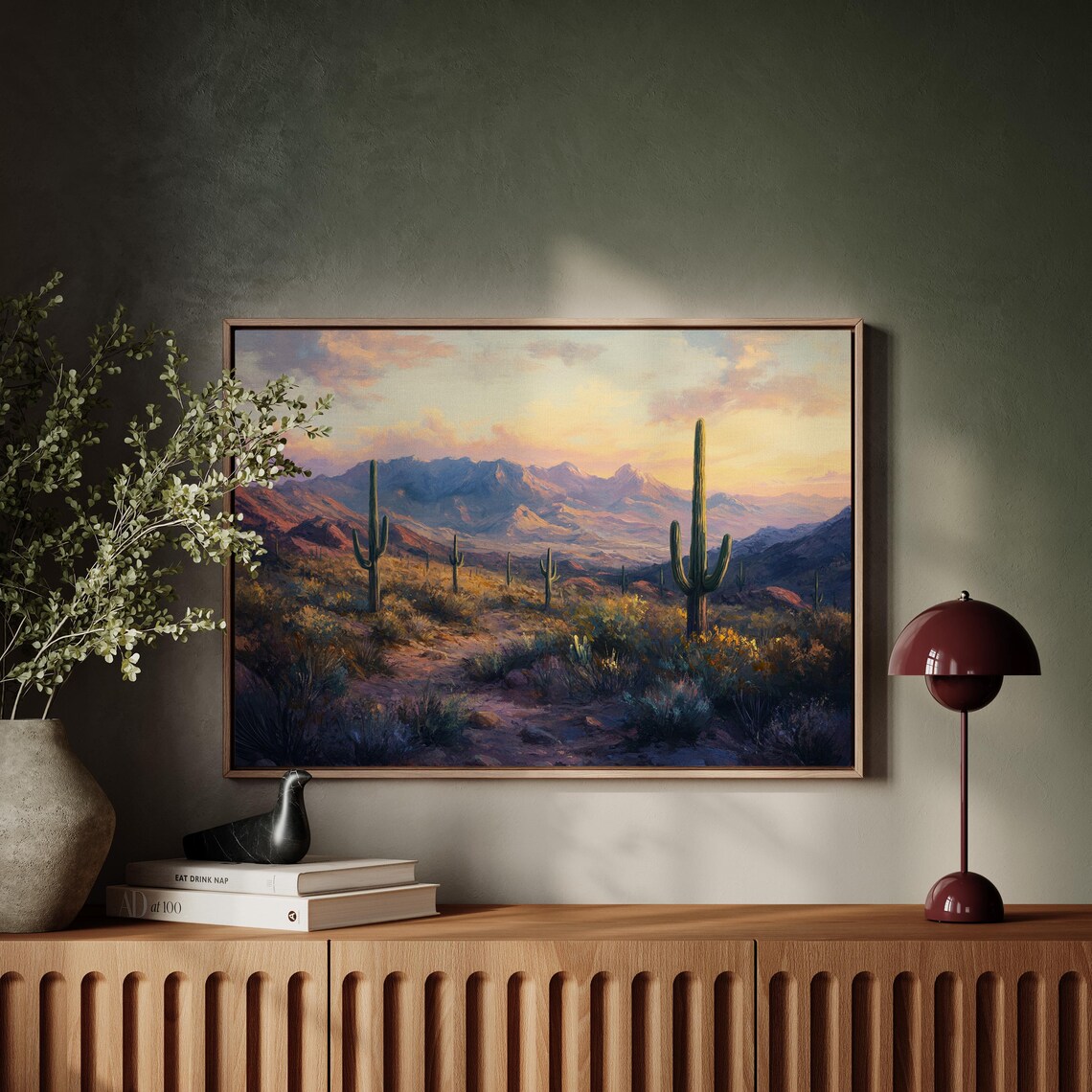 Desert Mountain Saguaro Sunset Vintage Oil Painting Landscape Poster - Image 4
