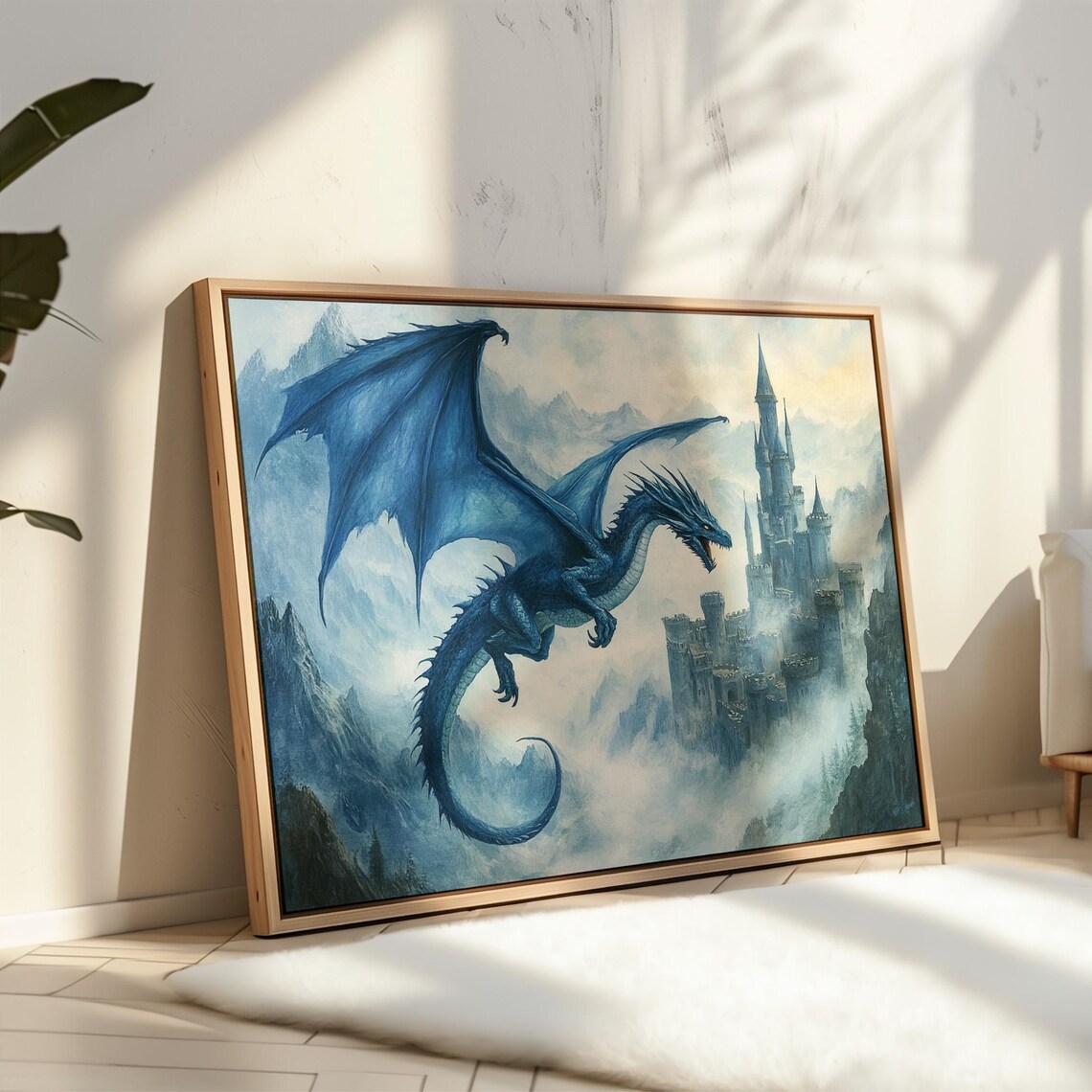 Epic Blue Dragon, Mystical Fantasy Castle Scene - Image 3