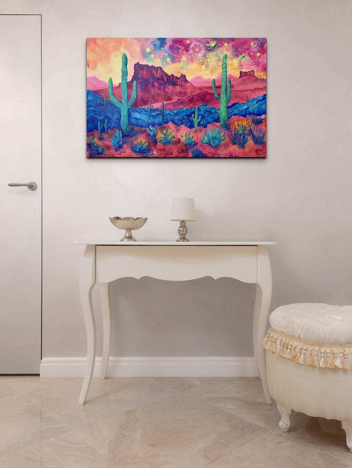 Saguaro Cacti Under a Magenta Starry Night Desert Sky Poster - Image 4