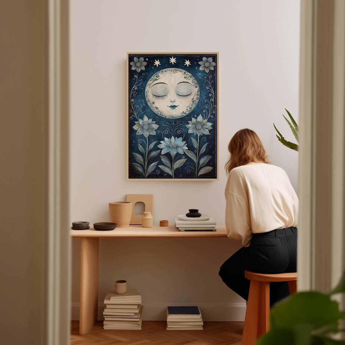 Celestial Moon and Floral Night Art Print - Image 4