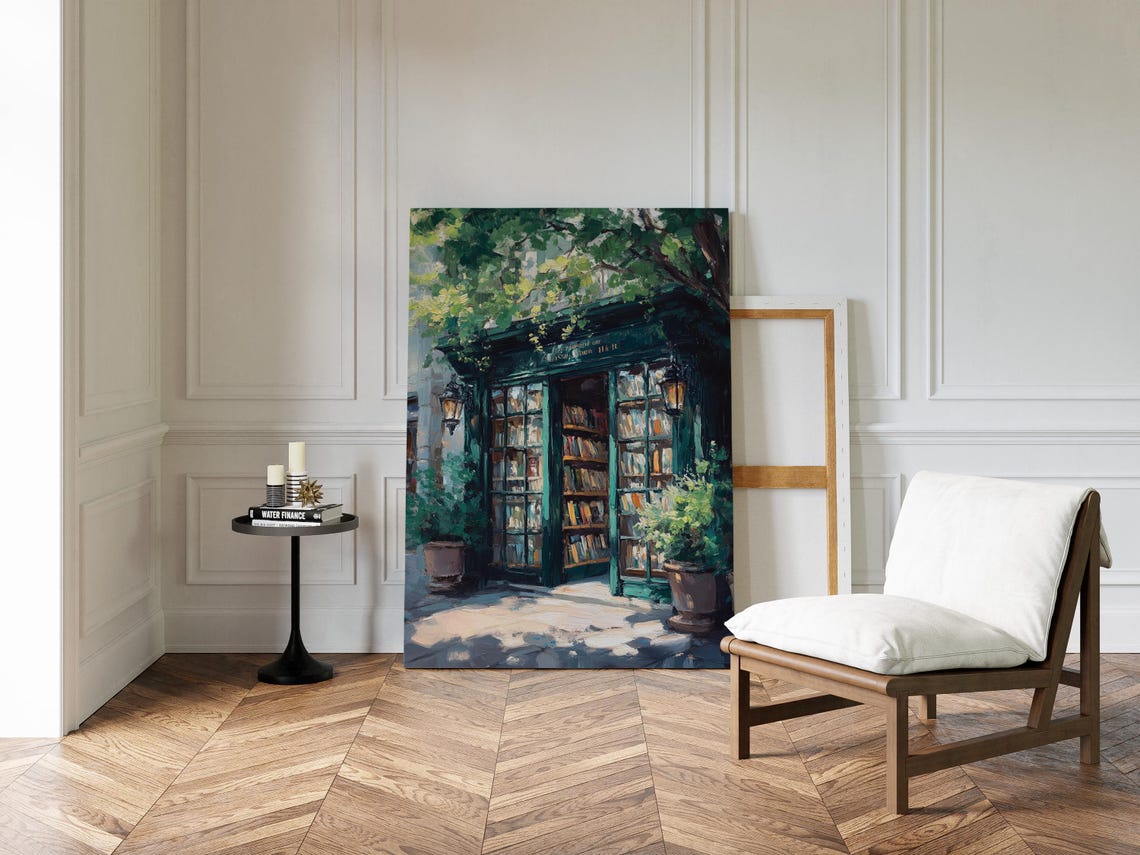 Cozy Green Bookstore Storefront With Lanterns And Plants Art Poster - Image 2