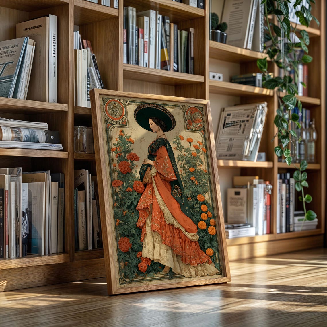 Art Nouveau Lady In Marigold Garden Vintage Mexican Bloom Poster
