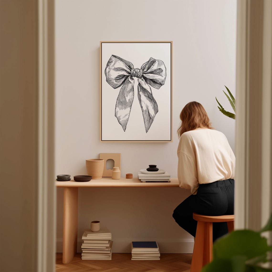 Black And White Bow Drawing Elegant Vintage Ribbon Sketch Wall Art - Image 3