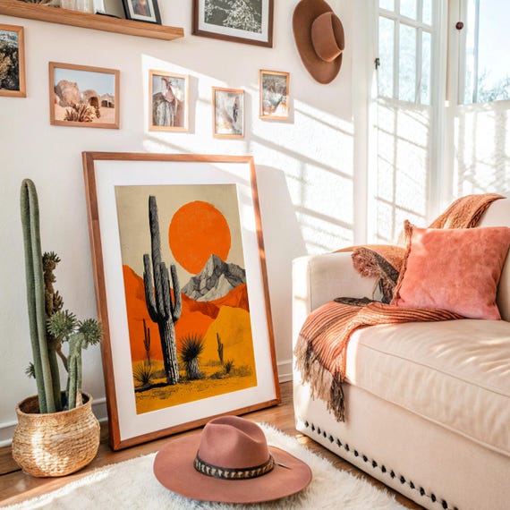 Saguaro And Desert Mountains With Orange Sun