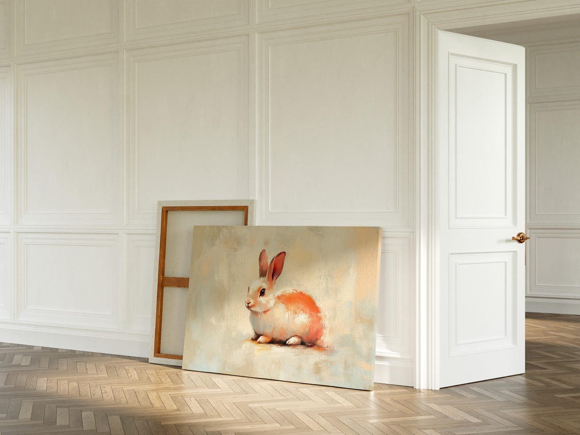 White Bunny with Soft Orange Tones in Pastel Painting Poster - Image 3