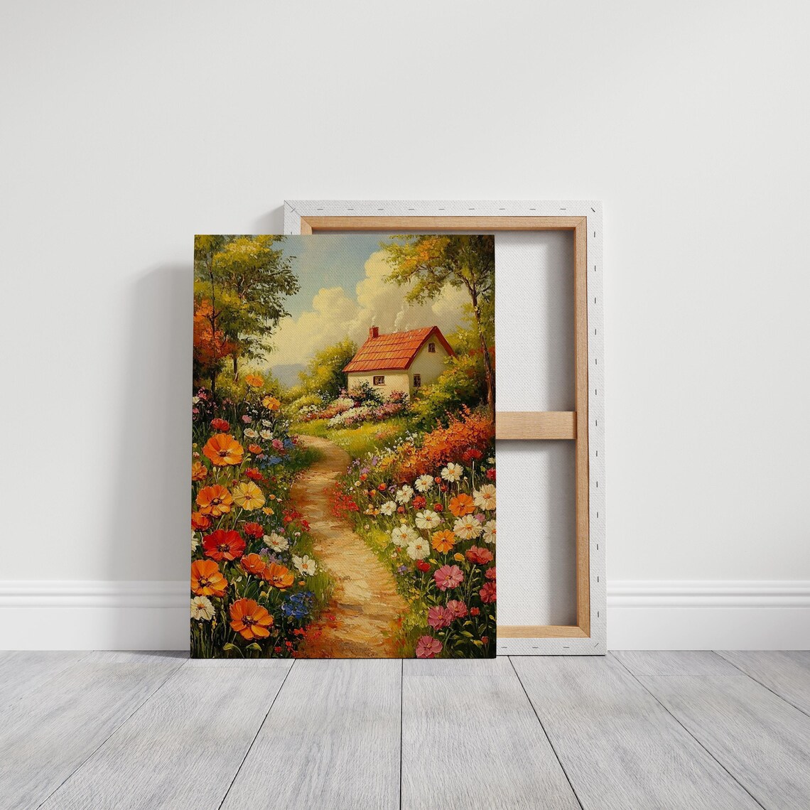 Floral Cottage Path Vibrant Oil Painting Of Blooming Wildflowers And Cozy Countryside Home Nature Inspired Wall Art - Image 3