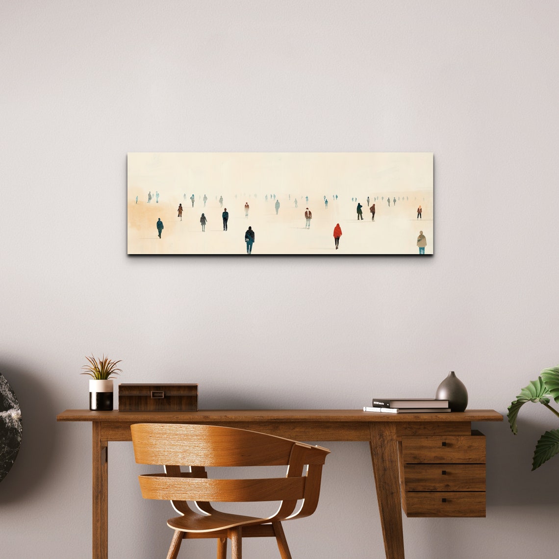 Minimalist Tiny People Walking in Fog Panoramic Neutral Art Poster - Image 5