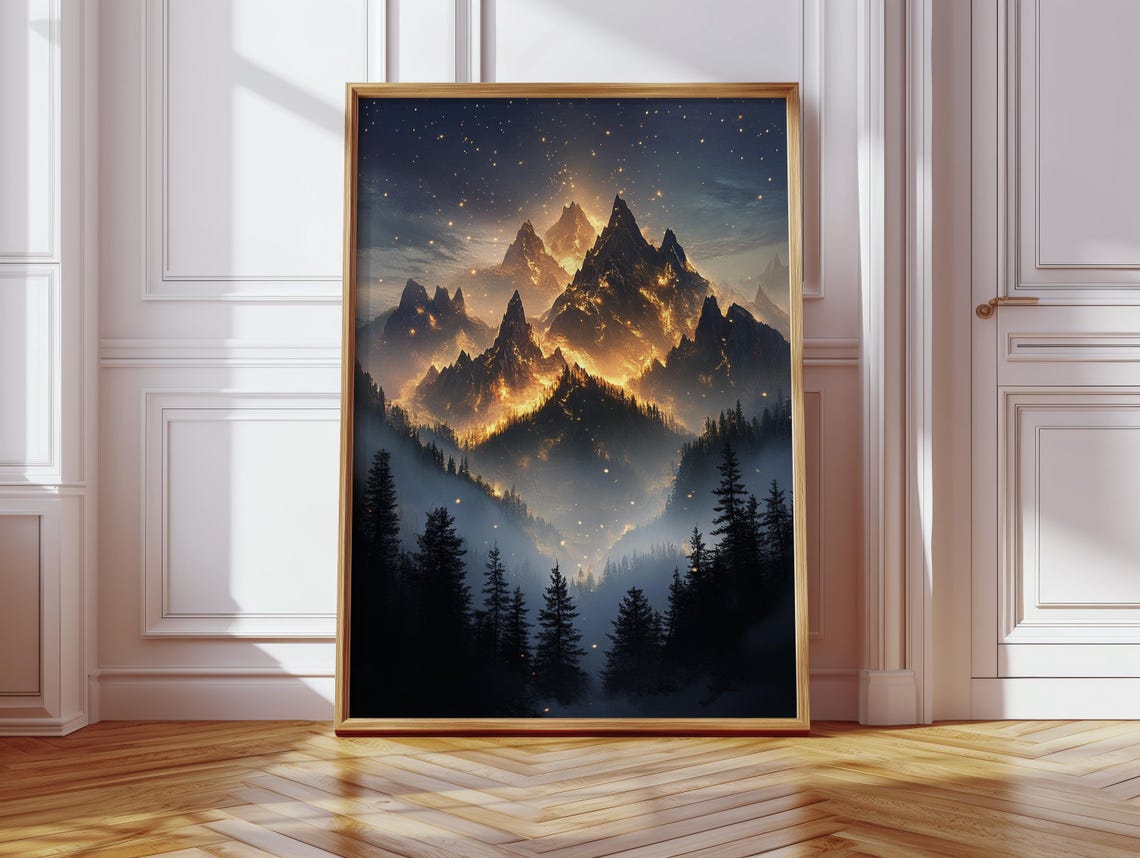 Fiery Glowing Mountain Peaks Dark Fantasy Volcanic Night Poster