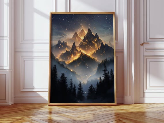 Fiery Glowing Mountain Landscape Canvas Art Mystical Fantasy Peaks And Pines Wall Decor For Boho Rustic Or Natureinspired Homes