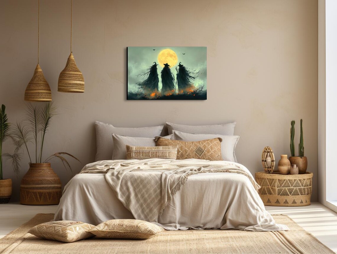 Three Witches Silhouetted Against a Giant Full Moon With Bats and Embers Poster - Image 5