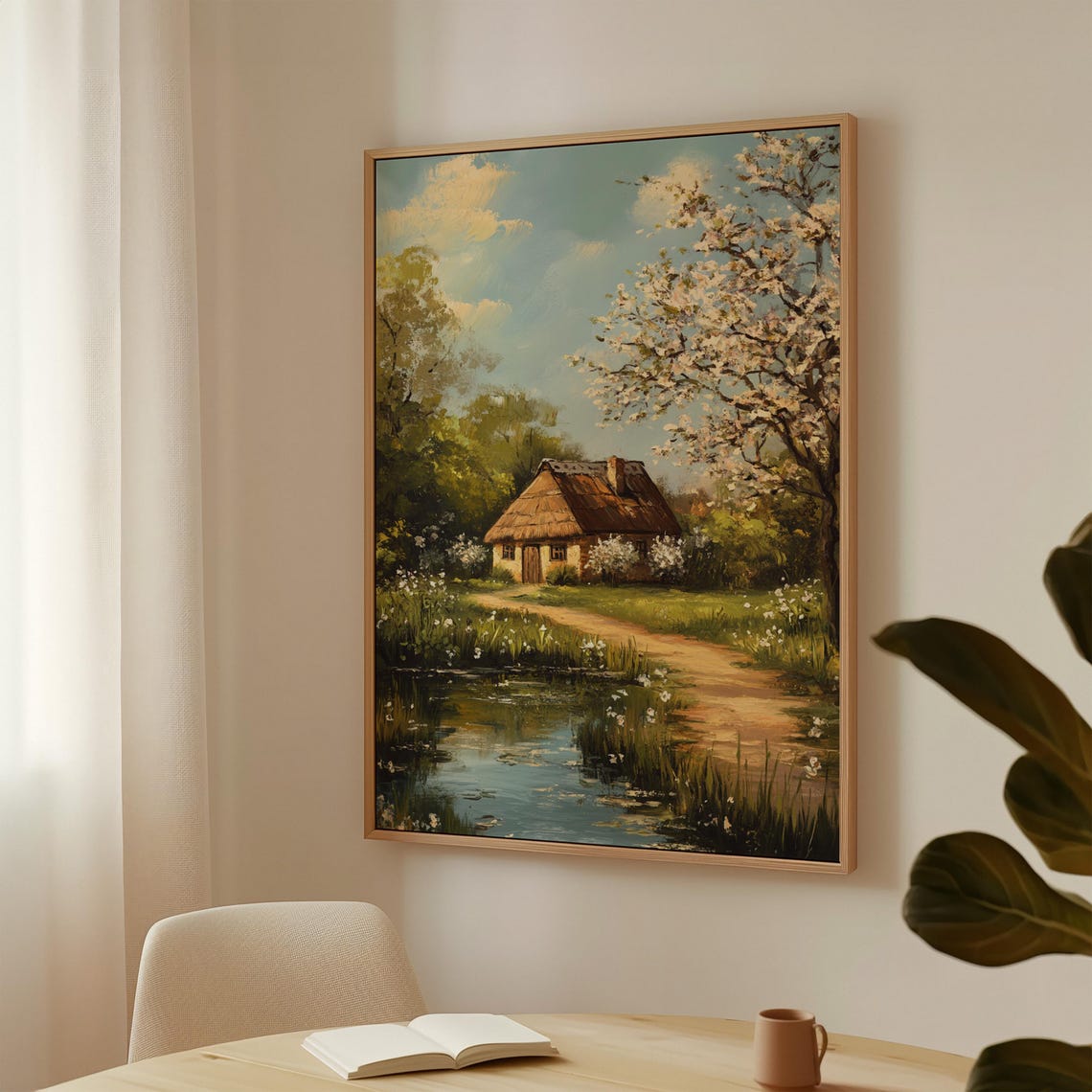 Spring Cottage by a Pond With Blossoming Tree Painting Poster