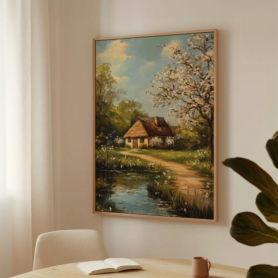 Spring Cottage Rustic Farmhouse Wall Art Blooming Tree Landscape Print Vintage Country Home Painting Cozy Nature Scene