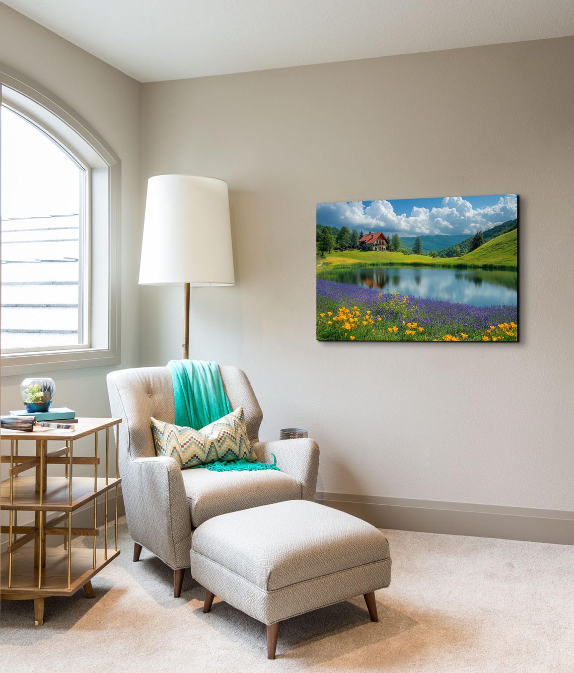 Wildflower Meadow Lake Cabin Mountain Spring Landscape Poster - Image 3