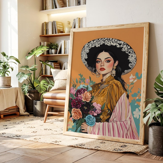 Elegant Mexican Woman Canvas Wall Art Floral Portrait With Embroidered Sombrero In Vintage Latin Boho Style